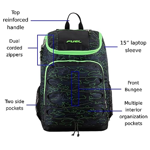 FUEL Wide Mouth Sports Luggage Backpack with Front Bungee and Inner Tech Pocket, Green Outline Camo - color: Green Outline Camo