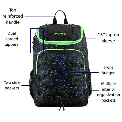 FUEL Wide Mouth Sports Luggage Backpack with Front Bungee and Inner Tech Pocket, Green Outline Camo - color: Green Outline Camo