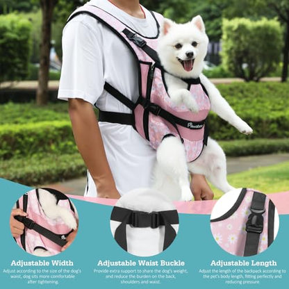 Pawaboo Pet Dog Front Carrier Backpacks, Legs Out Pet Carrier Backpack, Adjustable Easy-fit Dog Chest Carriers for Small Medium Dogs Hands Free for Travel Hiking Cycling Camping, L, Pink Daisy - color: AA-Pink Daisy, style: Large (Pack of 1)