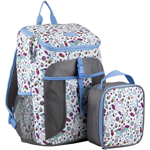 FUEL Top Loader Backpack with Lunch Box Combo – 18” Two Compartment Water Resistant Durable Adjustable Straps with Side Water Bottle Pockets 2 in 1 Set - Unicorn Sweets - color: Unicorn Sweets