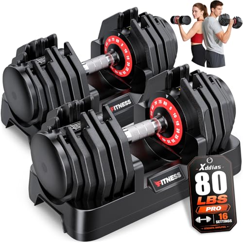 XDDIAS Adjustable Dumbbells Set of 2 for Strength Training, One-Hand Quick Adjust, 25/55/80/90 lbs Options, Anti-Slip Grip Handle, Compact Home Gym Weights for Men Women - color: Pro Steel 16-Level 80LB Pair