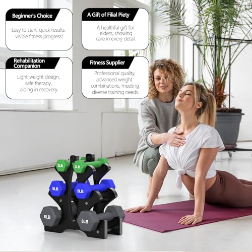 Portzon Weights Dumbbells Set 3, 5, 8, and 10 Pound Neoprene Dumbbell Free Hand Weight Set with Rack, Ideal for Home Exercises, 32 LB, Anti-Slip, Anti-roll, Hex Shape - color: Dark Green+Dark Blue+Black