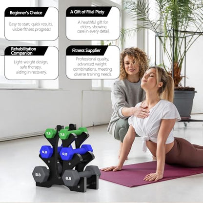 Portzon Weights Dumbbells Set 3, 5, 8, and 10 Pound Neoprene Dumbbell Free Hand Weight Set with Rack, Ideal for Home Exercises, 32 LB, Anti-Slip, Anti-roll, Hex Shape - color: Dark Green+Dark Blue+Black