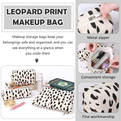 3 Pcs Makeup Bag Cosmetic Bag Set for Girls Women Travel Organizer Bathroom Toiletry Pouch Large Capacity Storage Bag (Leopard Beige) - color: Leopard Beige