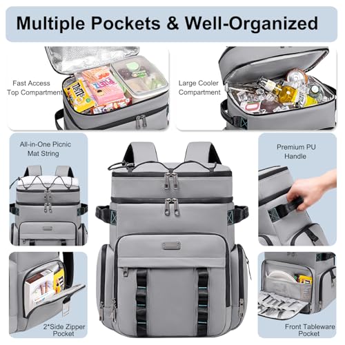 Weitars Insulated Cooler Backpack,Double Deck Waterproof Soft Cooler Bag,Backpack Coolers Leak Proof Lunch Backpack for Men Women for Travel,Camping,Picnic,Beach,Picnic,Outdoor 31L/52 Can - color: Gray