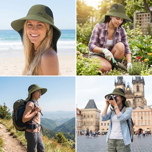 UV Sun Protection Hat Women Foldable Neck Flap Wide Brim Fishing Hat with Ponytail Hole for Women - color: 002 Army Green
