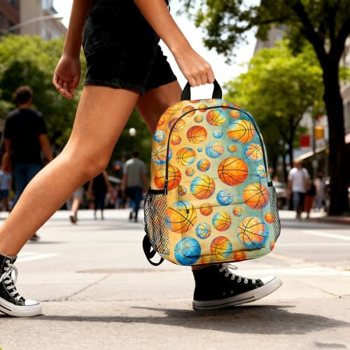 Kids Youth Basketball Backpack 16 Inch, School Bookbag for Boys Girls, Watercolor Orange Blue Print, Lightweight Polyester Daypack with Side Pocket, Front Zipper, Padded Straps, 15.4x11.8x4.7 in - color: Basketball