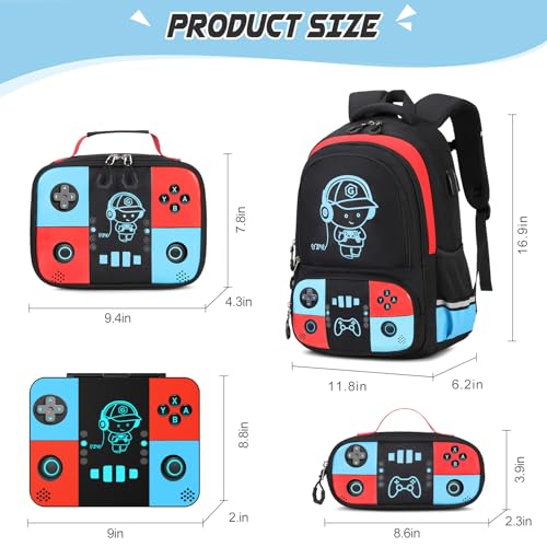 Bevalsa Backpack for Boys with 43OZ Bento Lunch Box,Insulated Lunch Bag & Pencial Case,Cool Luminous Gamer Schoolbag for Kids Teens Elementary Middle School,Bookbag Glow In The Dark - color: Red Blue, style: Backpack With 43oz Bento Box