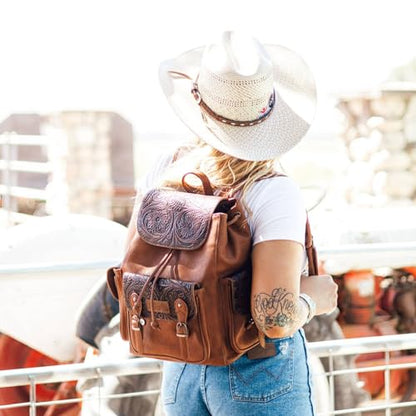 Montana West Wrangler Backpack Purse for Women Men Western Backpack Floral Tooled Travel Bags - color: Carve Brown