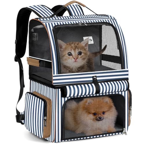 Double Cat Backpack Carrier for 2 Cats, Double-Compartment Pet Carrier Backpack for 2 Small Cat or One Medium Cat, Cats Carrier Backpack Dog Carrier Backpack Fits Up to 24 Lbs,Blue Striped - color: Striped