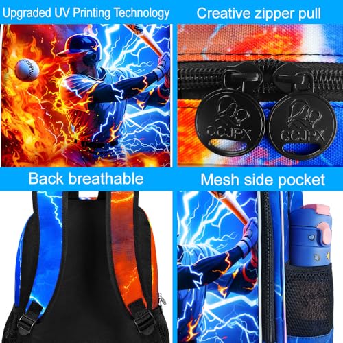 AGSDON 3PCS Boys Backpack for Boys, 17" Kids Bookbag with Lunch Box for Boy, Baseball Flame Thunder Backpacks Water Resistant and Lightweight for Teen - color: Baseball 01