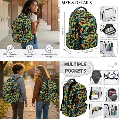 Talayituse Colorful Dinosaur Paint Splatter Print 6 in 1 Set Backpack for Boys Kids, Large Capacity School Bag with Lunch Box Teen Children Elementary Book Bag with Pencil Case Water Bottle Sleeve - color: Colorful Dinosaur Paint Splatter