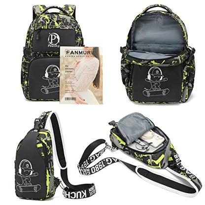 Kids Backpack for School, Boys Backpacks with USB Charging Port, College Elementary School Bookbag Lightweight Laptop Bag with Sling Bag, Green - style: Skateboard-green