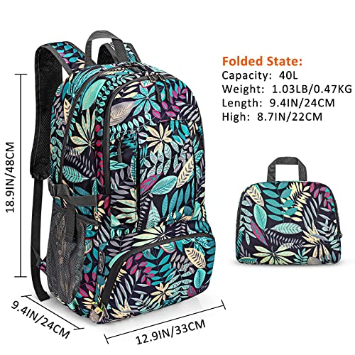 G4Free 40L Lightweight Packable Hiking Backpack, Waterproof Travel Daypack - color: Blue Leaf