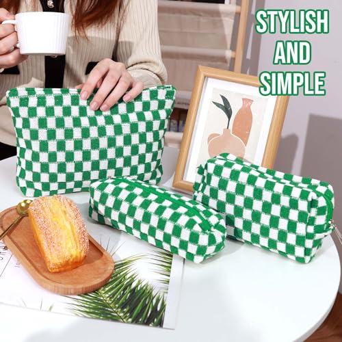 3 Pcs Makeup Bag Cosmetic Bag Set for Girls Women Checkered Travel Organizer Bathroom Toiletry Pouch Large Capacity Storage Bag(Green-White) - color: Green-White