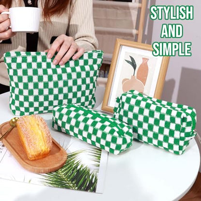 3 Pcs Makeup Bag Cosmetic Bag Set for Girls Women Checkered Travel Organizer Bathroom Toiletry Pouch Large Capacity Storage Bag(Green-White) - color: Green-White