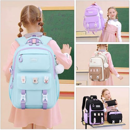 DIGOBAY 3PCS Girls Backpack for School, Cute Kids Backpack for Girls with Lunch Box Pencil Case for Teen Girl Elementary Primary Middle High College School Bookbag with Cute Pins Aquamarine-Purple - color: Aquamarine-purple