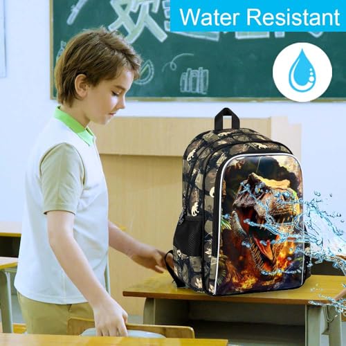 HPJGD 3PCS Dinosaur Kids Bookbag, Water Resistant Boys School Bag Set with Lunch Box, Cool Backpack for Elementary Preschool Toddler - Wall-Breaking T-Rex - color: Cool Uv Printed Wall-breaking T-rex Brown