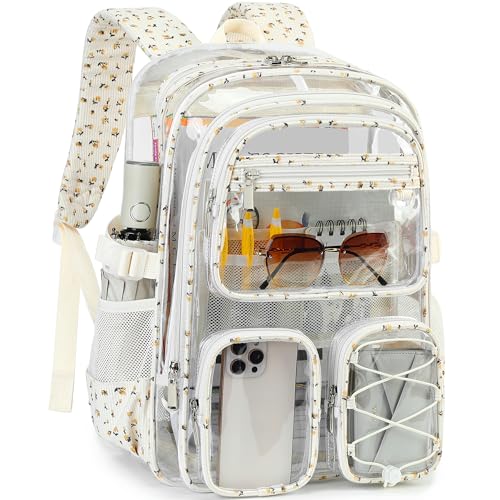 Hidds Clear Backpack for Girls Women Large School Bag Heavy Duty Transparent Backpacks College See Through Bookbag for Stadium Events School Work Festival Security Cute Kids Clear Floral Back Pack - color: Yellow Floral