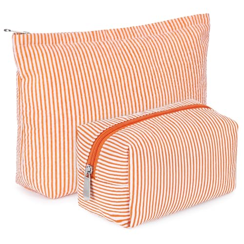 Huhumy 2 Pcs Makeup Bag Set Cute Cosmetic Pouch for Women Seersucker Travel Toiletry Bag Preppy Small Makeup Purse Pouch Aesthetic Skincare Brushes Storage Organizer for Valentine Women(Orange) - color: Orange, style: Thin Striped Seersucker