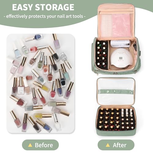 Extra Large Nail Polish Organizer Case Holds 86 to 100+ Bottles Nail Polish & Nail Lamp, Nail Supplies Storage Carrying Bag with 2 Removable Pouches, Portable Nail Tech Travel Box (Green, 86 Slots) - color: Green