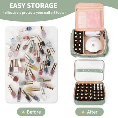 Extra Large Nail Polish Organizer Case Holds 86 to 100+ Bottles Nail Polish & Nail Lamp, Nail Supplies Storage Carrying Bag with 2 Removable Pouches, Portable Nail Tech Travel Box (Green, 86 Slots) - color: Green