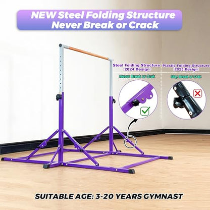 Marfula Gymnastic Bar For Kid and Teenage of 3-25, 5Ft/8 FT Base Length 4Ft Width 5Ft Adjust Height, Gymnastic Kip Bar For Gymnast, Gymnastic Training Equipment For Professional Training Home Club Use - color: Bar With Mat-Hot Purple (5 Ft Base)