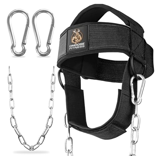 DMoose Fitness Neck Harness for Weight Lifting - Soft Padded Head & Chin Strap with 30" Heavy Duty Steel Chain - Neck Exerciser, Trainer & Strengthener to Support Injury Recovery and Intense Workouts - color: Black (Legacy Logo)