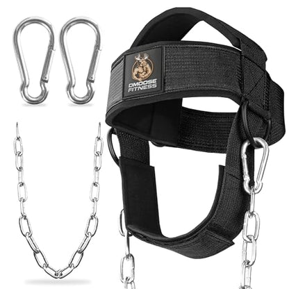 DMoose Fitness Neck Harness for Weight Lifting - Soft Padded Head & Chin Strap with 30" Heavy Duty Steel Chain - Neck Exerciser, Trainer & Strengthener to Support Injury Recovery and Intense Workouts - color: Black (Legacy Logo)