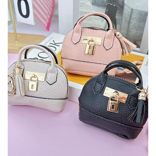 2 pcs Cute Mini Cosmetic Bag for Women PU Leather Backpack Keychain Makeup Bag Key Pocket Lipstick Bag Card Holder Data Cable Organizer Zipper Pouch (Handbag, Black) - color: Black