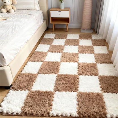 Thickened Plush Foam Interlocking Floor Carpet Mat, 24 Piece 12x12in Fluffy Square Puzzle Foam Carpet Tiles with Edgings, Soft Anti-Slip Shaggy Area Rug Playmat (Apricot+White) - color: Apricot+white