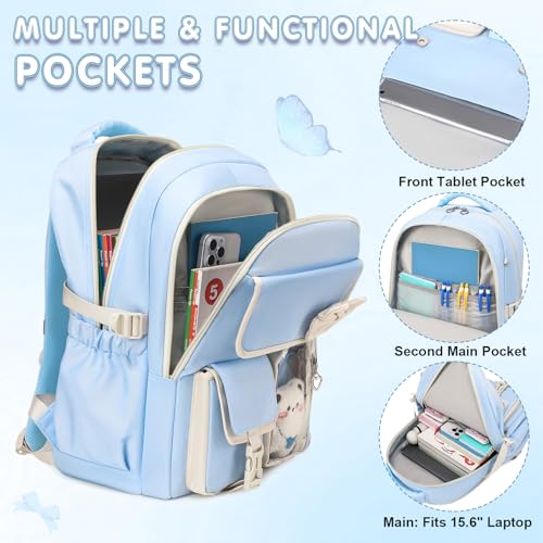 GeeWin Girls Backpack for School with Lunch Box & Pencil Case Set, 17 Inch Waterproof Cute Bow Girls Bookbag for Kids, Teens, Elementary Middle High College School Student (Blue/Beige) - color: Blue Beige