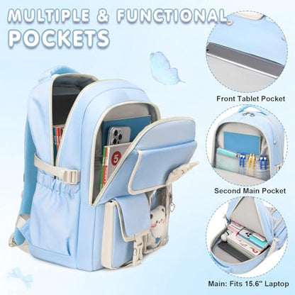 GeeWin Girls Backpack for School with Lunch Box & Pencil Case Set, 17 Inch Waterproof Cute Bow Girls Bookbag for Kids, Teens, Elementary Middle High College School Student (Blue/Beige) - color: Blue Beige