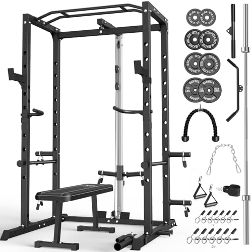 ULTRA FUEGO Power Cage, Multi-Functional Power Rack with J-Hooks, Dip Handles, Landmine Attachment and Optional Cable Pulley System for Home Gym - size: 150LB Weights Package black+Flat Bench