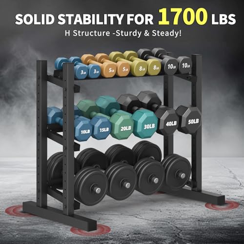 3-Tier Professional Dumbbell Rack, Commercial Grade Dumbbell Storage Rack,1300LB Capacity with Barbell Holder, Adjustable Heavy-Duty Weight Rack for Home Gym, Weight Stand for Dumbbells, Kettlebells & Weight Plates (Rack Only)