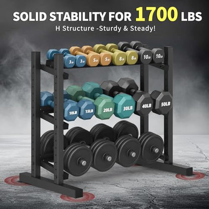 3-Tier Professional Dumbbell Rack, Commercial Grade Dumbbell Storage Rack,1300LB Capacity with Barbell Holder, Adjustable Heavy-Duty Weight Rack for Home Gym, Weight Stand for Dumbbells, Kettlebells & Weight Plates (Rack Only)