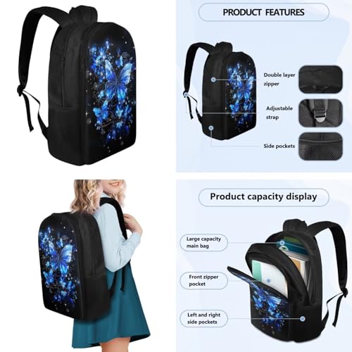 Flashideas Aesthetic Butterfly Backpack for Girls Kids Backpack with Lunch Box Insulated Water Bottle and Water Bottle Holder with Strap 4Pcs Set 17" Bookbag with Compartments Lightweight School Bag - color: Aesthetic Blue Butterfly