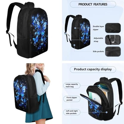 Flashideas Aesthetic Butterfly Backpack for Girls Kids Backpack with Lunch Box Insulated Water Bottle and Water Bottle Holder with Strap 4Pcs Set 17" Bookbag with Compartments Lightweight School Bag - color: Aesthetic Blue Butterfly