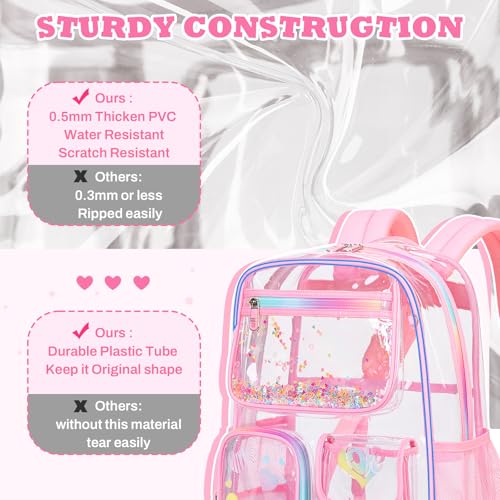 PIG PIG GIRL Clear Backpack for School,Heavy Duty PVC Transparent Bookbag for Girls Stadium Approved See Through Backpack - color: Pink Heart