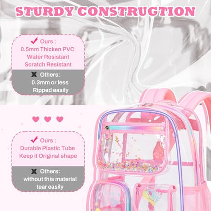 PIG PIG GIRL Clear Backpack for School,Heavy Duty PVC Transparent Bookbag for Girls Stadium Approved See Through Backpack - color: Pink Heart