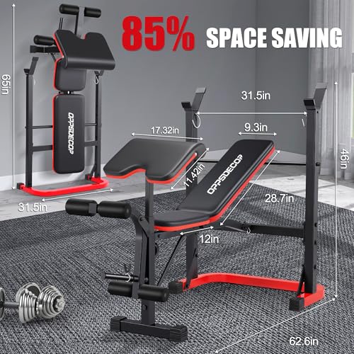 OPPSDECOR Adjustable Weight Bench with Leg Extension, Leg Curl & Preacher Curl, Foldable Workout Bench Set with Rack for Home Gym Full Body Strength Training