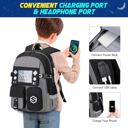 Scothen Boys Backpack, Cool Luminous School Backpacks for Boys with Lunch Bag Pencil Case, Kids Backpack Kindergarten Elementary Middle School Book Bags for Teen Boy Children with USB Charging Port - color: Gray