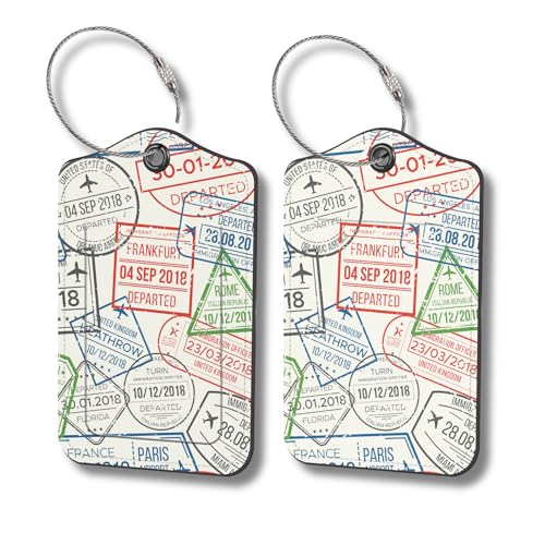 Luggage Tags for Suitcases, 2-Pack PU Leather for Cruise & Travel, Baggage ID Tags with Privacy Cover & Address Card, Durable Metal Ring, Kids Adults Travel Accessories, Global Stamps - color: Global Travel Stamps