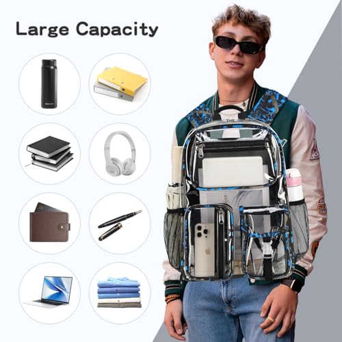 Cusangel Clear School Backpack,Heavy Duty Clear Backpack,16.5 x12 x5inch TPU Large Capacity See Through bookbag for Sport Events,Travel (Blue) - color: Blue