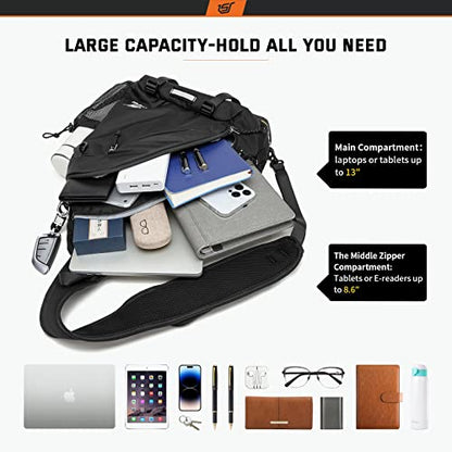 SKYSPER Sling Laptop Bag (Up to 13 Inch) - 18L Crossbody Sling Backpack Travel Shoulder Bag Hiking Daypack for Men Women(Black) - color: Black