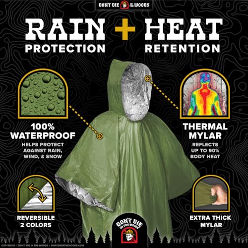 Don't Die In The Woods - Rain + Heat Emergency Poncho - Wearable Mylar Space Blanket For Hiking, Camping, First Aid, Survival - color: 4pk Refill - Grave Robber Green