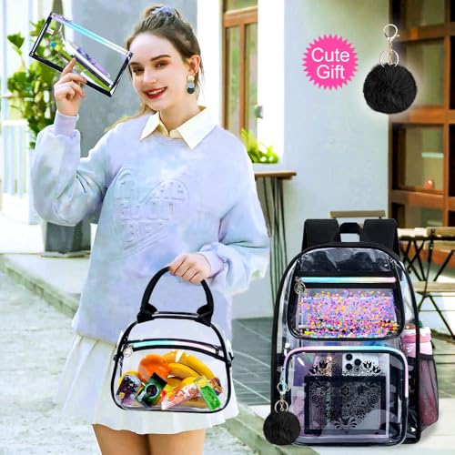 gxtvo 3PCS Clear Backpack, Women’s Sequins Transparent Bookbag Set, Cute Heavy Duty See-Through School Bag for Teens and Elementary Students – Flower Black Love - color: Flower Black Love Clear Backpack Set