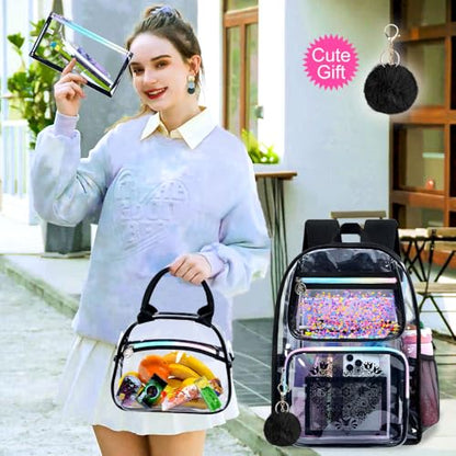 gxtvo 3PCS Clear Backpack, Women’s Sequins Transparent Bookbag Set, Cute Heavy Duty See-Through School Bag for Teens and Elementary Students – Flower Black Love - color: Flower Black Love Clear Backpack Set