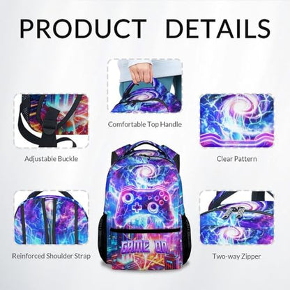 Kids Backpack Boys, 17 Inch Gaming School Bag for Children; Large Capacity Game Controller Bookbag with Internal Organizer Pockets for Elementary and Middle School - color: Dark Purple