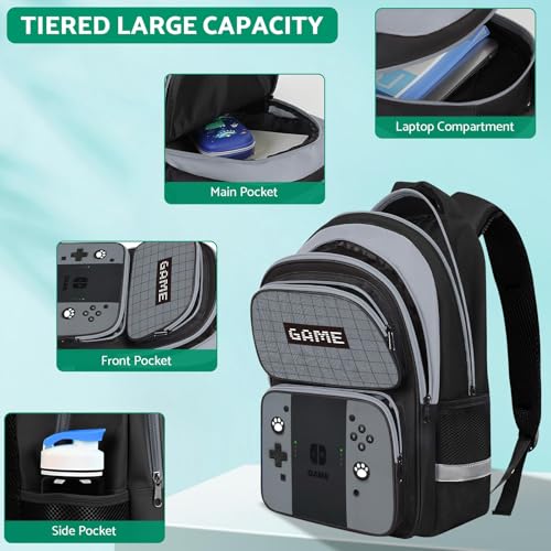 Kids Backpack For Boys，Gamer Boys Backpack For Children Teens Elementary Middle School, 17″ Students Bookbag - color: Backpack-sw-gray